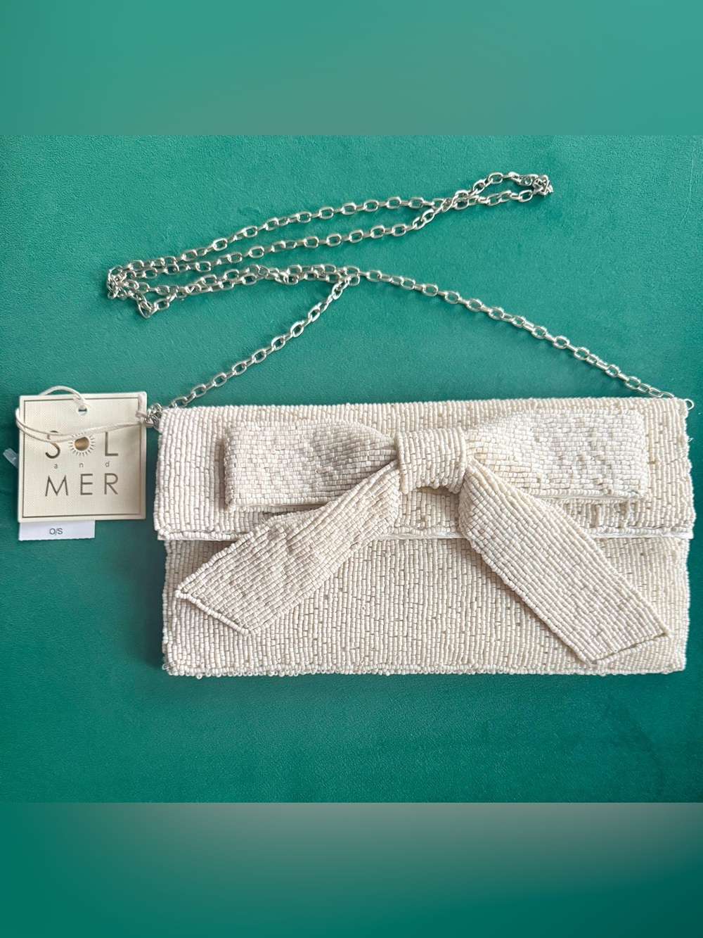 Sol & Mer Ivory Beaded Bow Clutch with Chain Strap